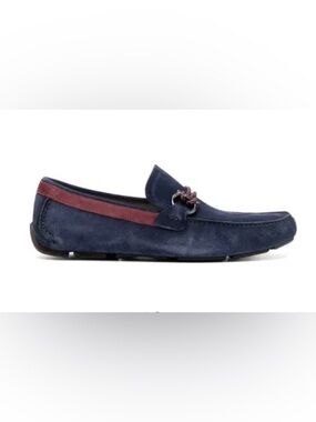 Ferragamo Gancini Men's Navy Suede Driving Loafers with Burgundy Accent